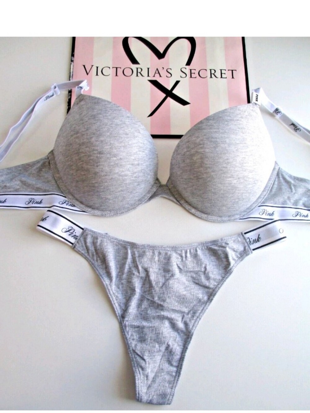 VICTORIA'S SECRET PINK Super Push-Up Bra VS Heather Gray Cotton Logo - All Sizes